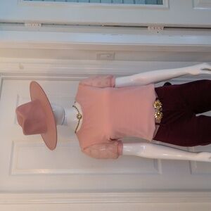 Newchoice Rib Knit Salmon Pink Sheer Puff Sleeve Women's Top Small